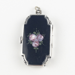 lot 22 image: W.J Feeley & Co. STUNNING Antique Floral Enamel sterling silver mourning locket.