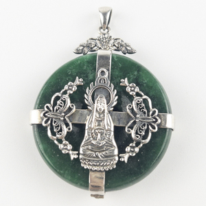 lot 23 image: CL By Design  Large Jade Carved Guanyin Buddhasterling silver pendant (no chain).