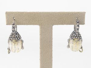 lot 36 image: Barbara Bixby Carved Mother Of Pearl Buddha Sterling And 18K Yellow Gold Hinged Wire Hoop Dangle Earrings.