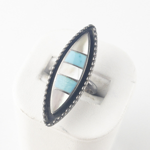 lot 41 image: Lloyd & Jennie Salvador (ZUNI) Turquoise & Mother Of Pearl Inlay Sterling Silver Ring. Size 6.5 - 6.75.