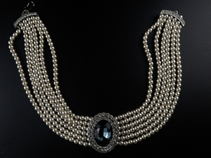 lot 205 image: Vintage Princess Diana Simulated Sapphire Rhinestone Multi-Strand Faux Pearl Collar Necklace.