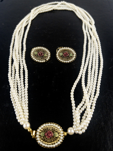 lot 211 image: Vintage Floral Rose Bud Gold Tone Base Metal Multi-Strand Faux Pearl Necklace & Clip On Earrings. Has Box