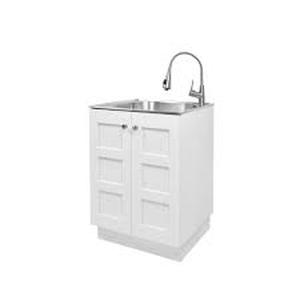 lot 13 image: Glacier Bay 24 in. W x 21 in. D x 34 in. L Stainless Steel LaundryUtility Sink with Faucet and Cabinet in White     Customer Returns See Pictures