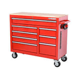 lot 2 image: Husky 42 in. W x 18.1 in. D 8-Drawer Red Mobile Workbench Cabinet with Solid Wood Top  Customer Returns See Pictures