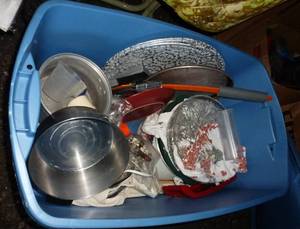 lot 62 image: tote of kitchenware including a crock pot