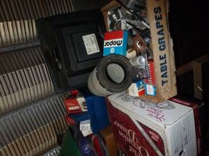 lot 93 image: 2 Boxes of misc garage repair items and tv, box of weiser locks new