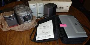 lot 104 image: Portable DVD player, small CD player radio stereo, speakers