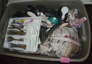 lot 116 image: Large tote full of kitchen supplies, silverware, glass bakeware,
