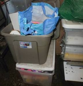 lot 117 image: 2 totes and a bag full of clothes, shoes, toys, dcor
