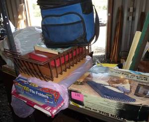 lot 136 image: misc lot - twin size air bed, file folders, ladies large life jacket