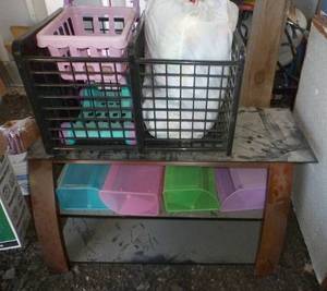 lot 148 image: Glass top and glass shelf bench and organizers and air purifier