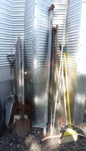 lot 185 image: group of 6 shovels and bunch of handles and brooms etc