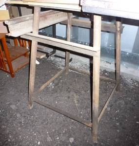 lot 202 image: Simple steel frame tablework surface with plywood and sheet of steel on top