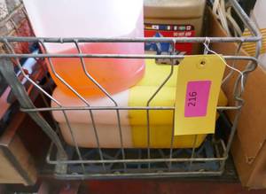 lot 216 image: metal crate with antifreeze, minnow bucket