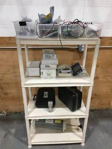 lot 157 image: Plastic Shelving Unit with Miscellaneous Electronics