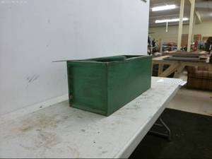 lot 215 image: Vintage Green Wooden Box and Curved Sickle Tool