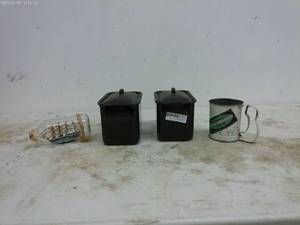 lot 230 image: Vintage Collectibles Lot Ship in a Bottle, Coffee Tin, and Metal Containers