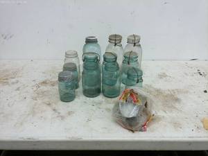 lot 299 image: Lot of Vintage Mason Jars with Wire Bails and Lids