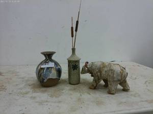lot 313 image: Ceramic Vase, Rustic Bottle, and Carved Bear Decor Set