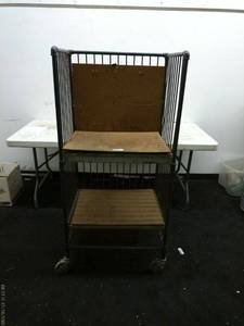 lot 355 image: Heavy Duty Rolling Metal Cart with Wooden Shelves