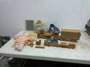 lot 402 image: Vintage Wooden Toy Set with Doll and Accessories