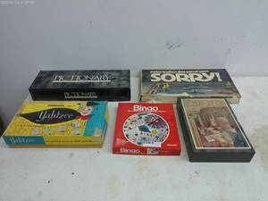lot 403 image: Assorted Board Games Lot - Sorry, Pictionary, Yahtzee, Bingo, Quinto