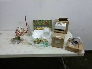 lot 414 image: Assorted Holiday Decorations Lot with Gingerbread House and Lights
