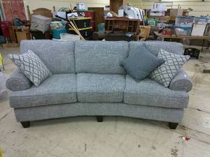 lot 503 image: Contemporary Gray Upholstered Sofa with Accent Pillows