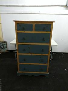 lot 15 image: Vintage Wooden Dresser with Blue Panels