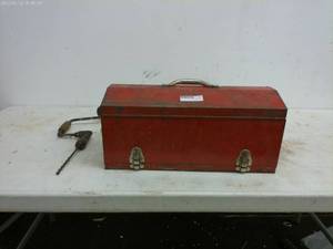 lot 459 image: Vintage Red Metal Tool Box with Assorted Hand Tools and Brace Drill