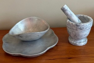 Marble Mortar and Pestle and Two Pieces of Nambe