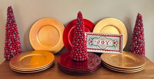 Set of Eight Pier 1 Glass Chargers, Three Decorative Tree Figurines and Plastic Red Chargers