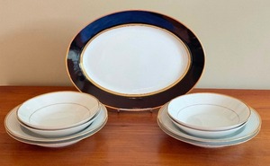 (4) Fitz and Floyd Palais Soup Bowls, Fitz and Floyd Renaissance Platter and (4) Noritake Heritage Soup Bowls