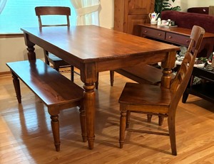 lot 2 image: Dining Room Table Set with 2 Chairs and Two Benches