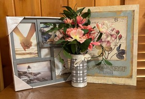 lot 111C image: Framed Floral Print, Faux Floral Arrangement and Montage Picture Frame