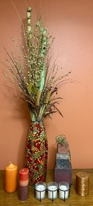 lot 247A image: Lovely Home Decor, Including Metal Vase with Faux Florals, Candles, Decorative Boxes