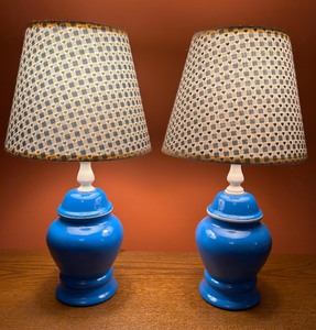 lot 256 image: Pair of Adorable Vintage Petite Lamps with Blue Base and Hearts and Checks on Shade