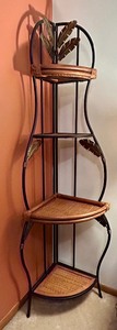 lot 41 image: Elegant Metal and Wicker Corner Shelf with Gold Leaves