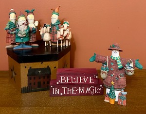 lot 342 image: Vintage 1998 Lang and Wise Three Wise Santas, 1998 Lang & Wise Santa and his Reindeer Figurine and Lang & Wise 1st Edition 1998 Marked Red Coat & Hat Resin Snowman w Christmas Tree, with Decorative Box and  Wooden Blocks