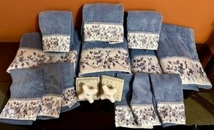 lot 351 image: Lovely Variety of Blue and White Bathroom Towels and Whimsical Wall Decor