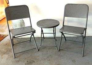 lot 268 image: Petite Metal Patio Accent Table and Pair of Metal Chairs