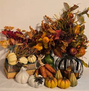 lot 332 image: Metal Pumpkin Candleholder & Abundance of Fall Foliage