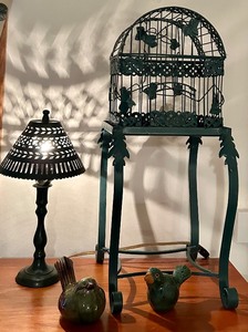 lot 132 image: Green Tone Home Decor Including a Petite Lamp, Birdcage, and Ceramic Birds