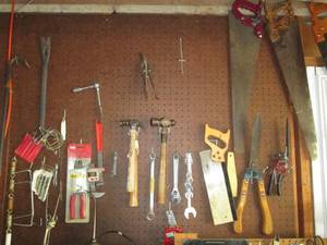lot 97 image: Assortment of tools, saws, wrenches...