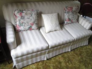 lot 155 image: Cream and Beige stripe 3-cushion co...