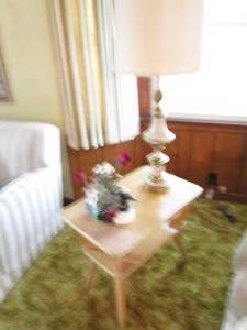 lot 162 image: Vintage blonde wood end table, tall...