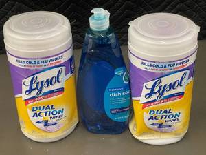 lot 10 image: 1.6 - Lot of Lysol Dual Action Wipes and Simply Done Dish Soap