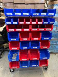 lot 2 image: MSRP $1000 Akro-Mils Storage Supply Mobile Double Sided Bin Rack with Organizer Tray Boxes Bins - In Excellent Condition 58.75 x 38.5 - Our Last One