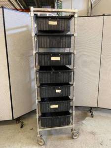 lot 26 image: InterMetro Super Erecta NSF Approved&nbspMobile Shelving Storage Cart Truck with Black Slide Out Bins -Great Condition