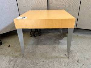 lot 28 image: MSRP $1400 Krug Furniture Prado Table 24 x 24 x 21 Wooden Clear Maple - Good Condition Has Some Surface Scratches